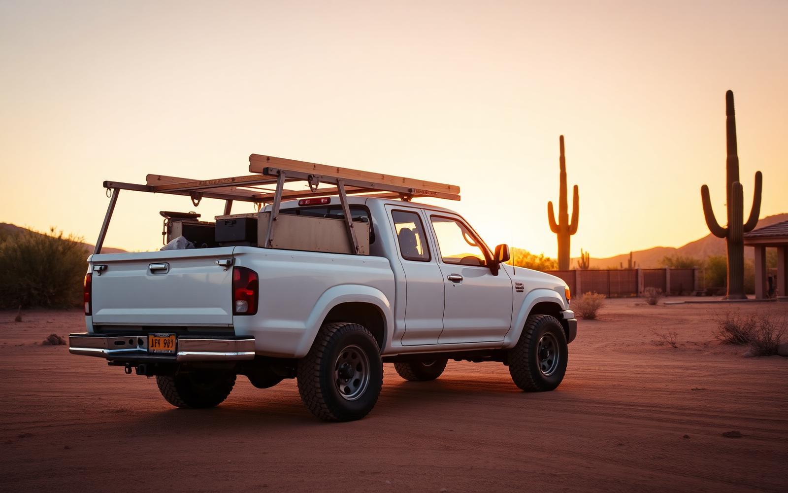 Una troca de trabajo estacionada en un jale al atardecer en el desierto